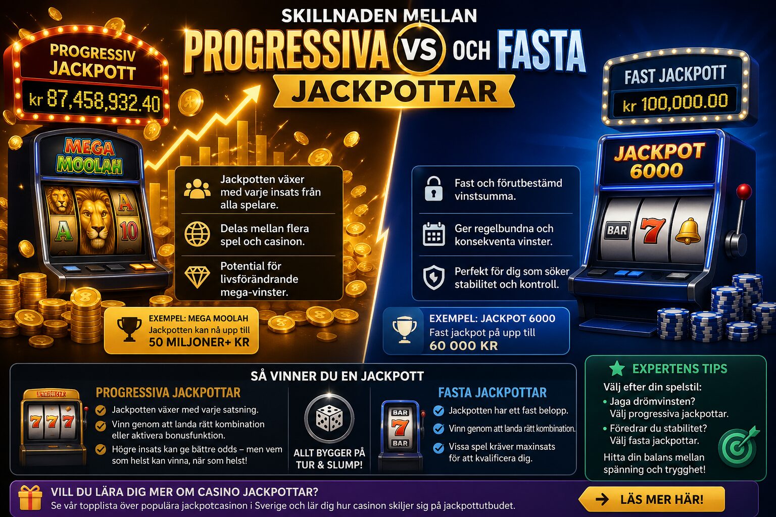 Illustrerar skillnaderna mellan fasta och progressiva jackpottar