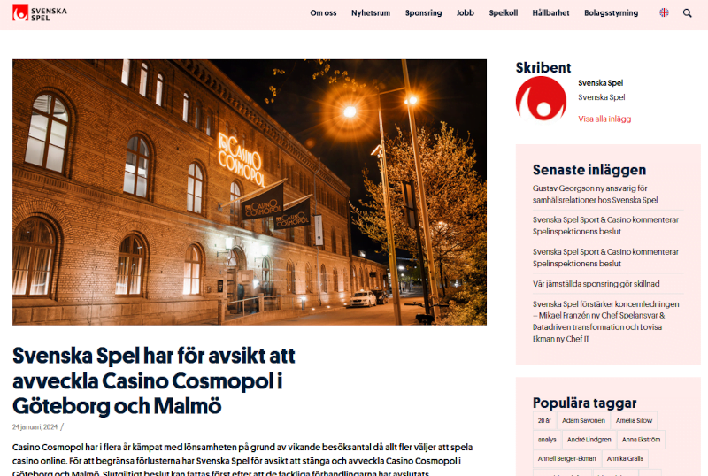 Svenska Spel Casino Cosmopol stänger i Malmö och Göteborg