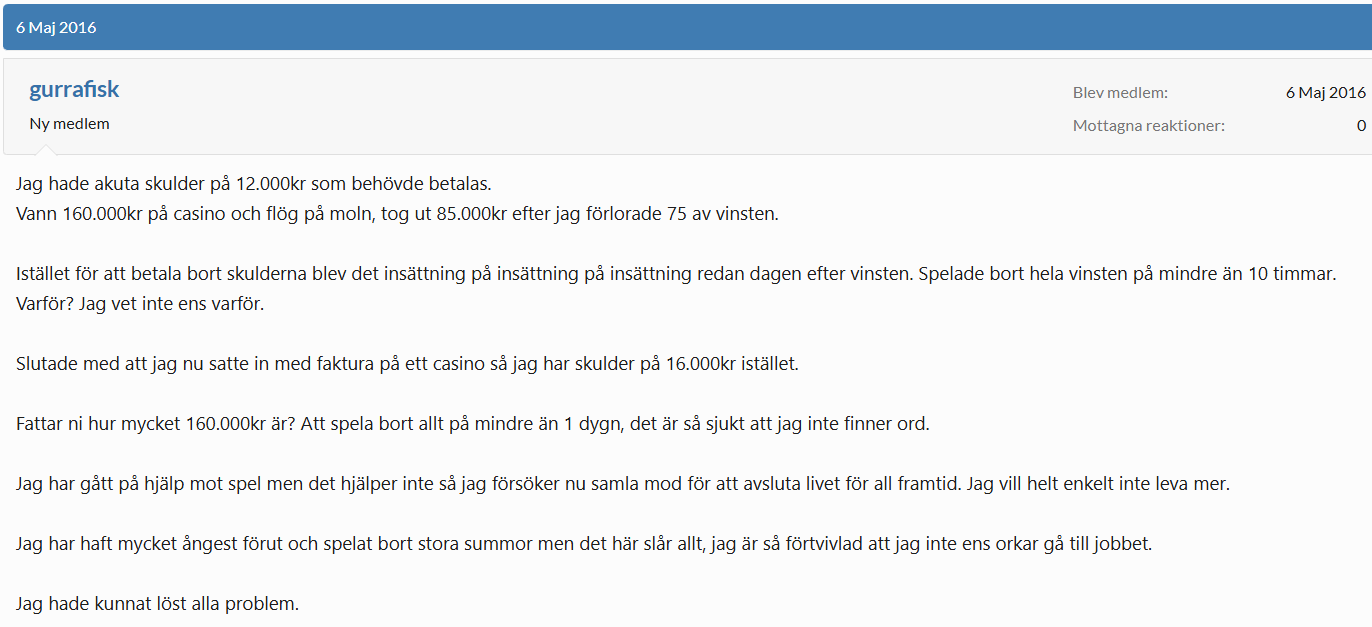 Forumdiskussion om spelrelaterade skulder