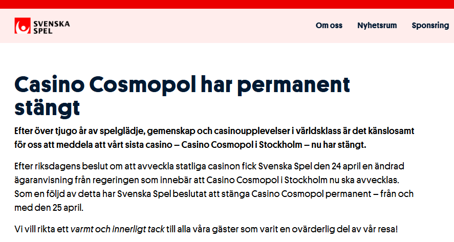 Casino Cosmopol stängt