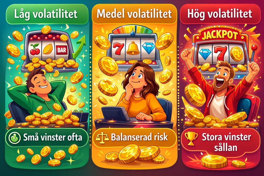 Färgglad infografik som visar volatilitet i spelautomater i tre kolumner: låg volatilitet med många små vinster, medel volatilitet med balanserad risk och hög volatilitet med sällsynta stora vinster, illustrerat med spelautomater, mynt och spelare med olika reaktioner.
