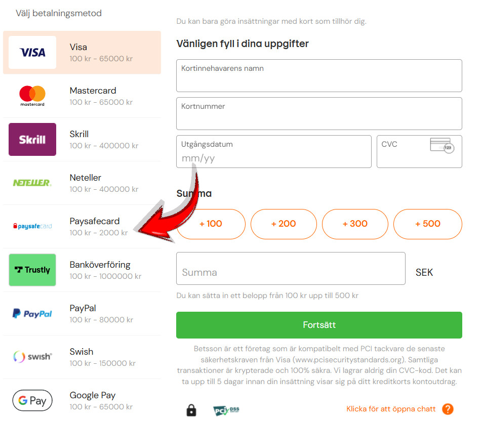 Paysafecard hos Betsson