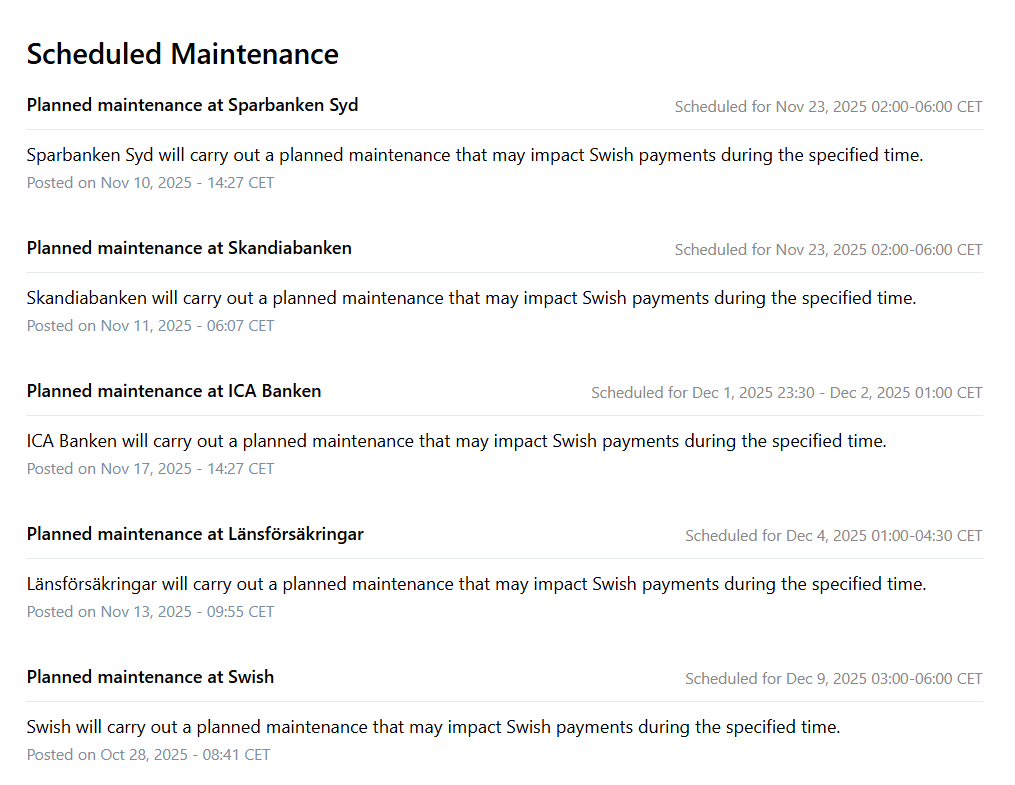 Planerad underhåll hos Svenska banker och Swish