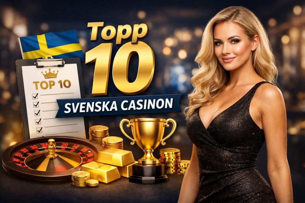 Topp 10 Svenska Casinon 2026 – Attraktiv svensk kvinna med casinotema i bakgrunden