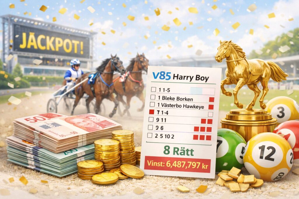 Illustration av Harry Boy V85 vinnarrad som gav 8 rätt och en vinst på 6 487 797 kr, med hästar, pengar och en guldhäst i bakgrunden