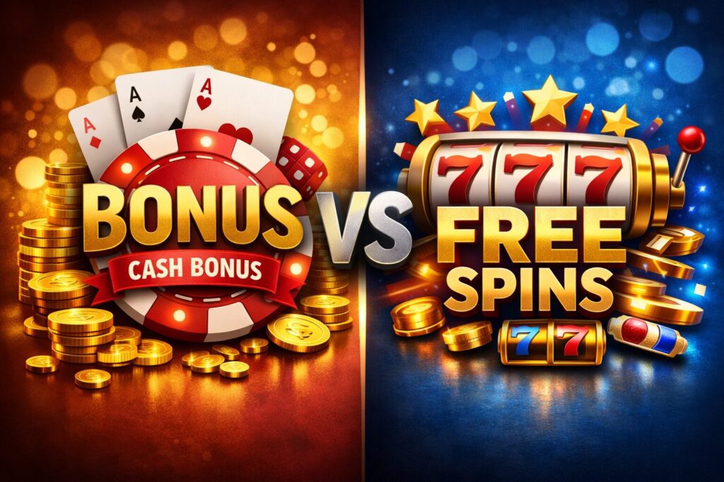 Jämförelse mellan cash bonus och free spins på casino, med mynt, pokerchips och slotmaskin i modern, stilren design