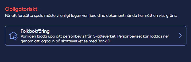 Illustration från PlayKasino där man måste ladda upp personbevis från skatteverket för att kunna göra uttag