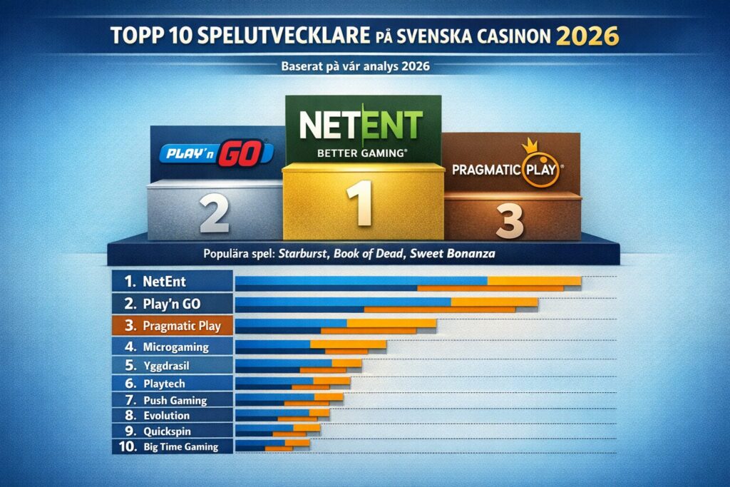 Infografik som visar topp 10 spelutvecklare på svenska casinon år 2026. Överst syns texten "TOPP 10 SPELUTVECKLARE PÅ SVENSKA CASINON 2026" med underrubrik "Baserat på vår analys 2026". Mitt på finns ett podium med topp 3: NetEnt (gul plattform, nummer 1), Play'n GO (silver, nummer 2) och Pragmatic Play (brons, nummer 3), med deras logotyper. Under podium finns en kort text: "Populära spel: Starburst, Book of Dead, Sweet Bonanza". Längst ner en stapeldiagram-lista med nummer 1–10 över spelutvecklare, där staplar visar marknadsnärvaro och spelbar exponering. Designen är färgglad men harmonisk, professionell och lättläst