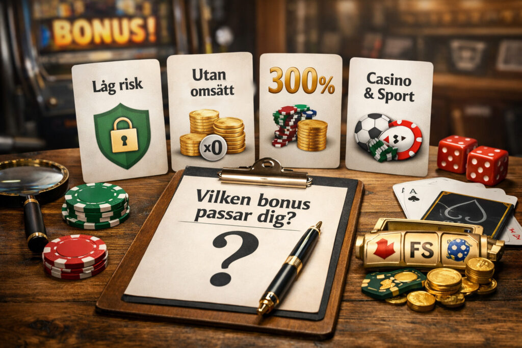 Illustration som visar olika kategorier av casino bonusar och hur man väljer rätt