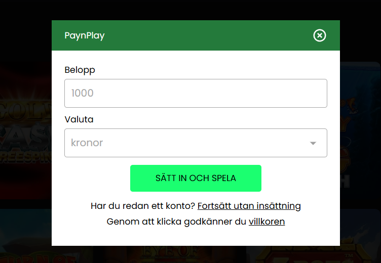 Registrering med paynplay hos Swiftcasino