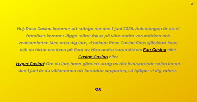 Racecasino stänger ner meddelande