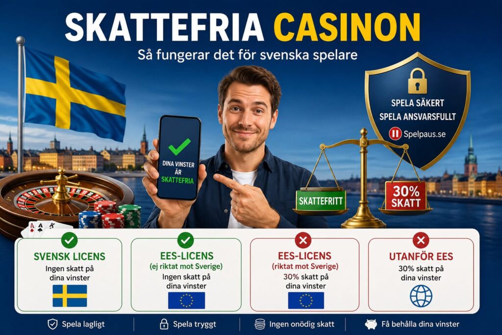 Infografik som förklarar skattefria casinon i Sverige med jämförelse mellan svensk licens, EES-licens och casinon utanför EES. Bilden visar en man som håller en mobil med budskap om skattefria vinster, samt symboler som vågskål för skatt, casinotärningar och svenska flaggan.