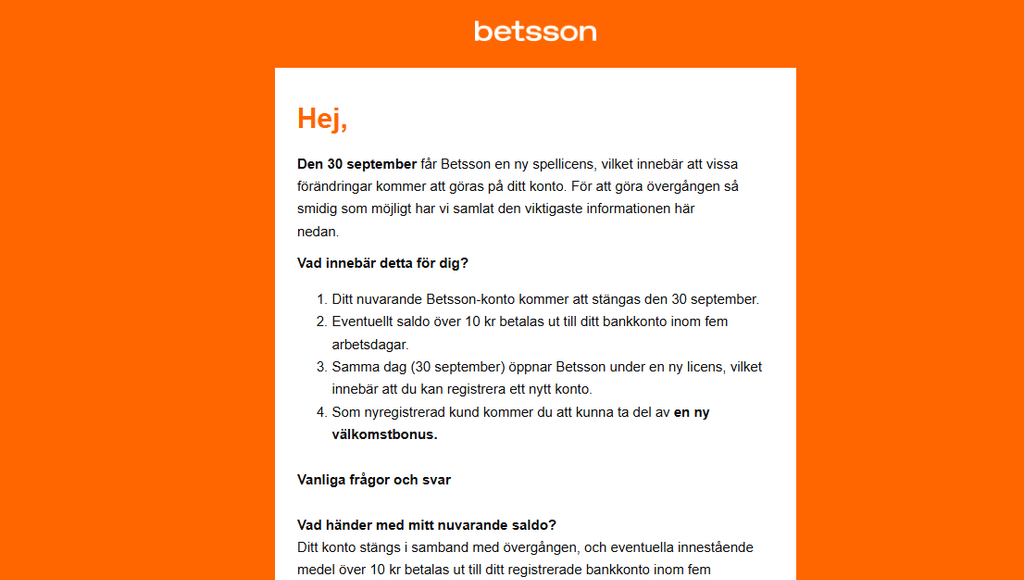 Betssons email med info om licensbyte 2026